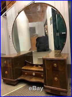 Art Deco Dressing Table Large Round Mirror 5 Drawers Clock