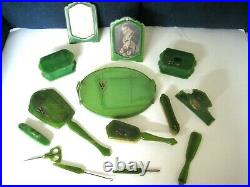 17 Pc. Antique Art Deco Bakelite Celluloid Green Vanity Dresser SetClockTray++
