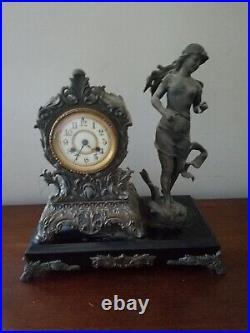 1900s French Bronzed Art Nouveau Lady figure On Metal Base Mantel Clock Art Deco