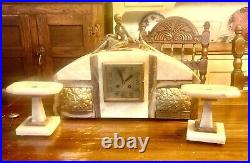 1920 ART DECO LADY FIGURAL FRENCH STYLE 3 Pc MARBLE MANTEL Garniture CLOCK SET