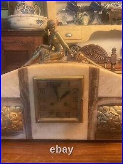 1920 ART DECO LADY FIGURAL FRENCH STYLE 3 Pc MARBLE MANTEL Garniture CLOCK SET