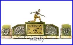 1920 FRENCH ART DECO MANTEL CLOCK SET SILVERED PLATED BRONZE attrb. LAVROFF