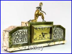 1920 FRENCH ART DECO MANTEL CLOCK SET SILVERED PLATED BRONZE attrb. LAVROFF