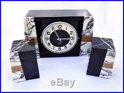 1920s ART DECO black & white Marble Mantel Clock GARNITURES