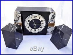 1920s ART DECO black & white Marble Mantel Clock GARNITURES