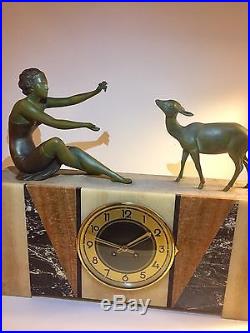 1930 Art Deco Figural Clock Lady And The Fawn Sculpture By Uriano Serviced