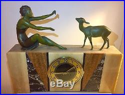 1930 Art Deco Figural Clock Lady And The Fawn Sculpture By Uriano Serviced