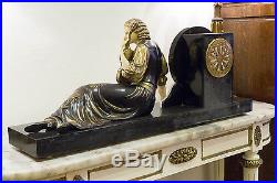 1930 French Art Deco Clock With Statue Sculpture Chryselephantine By Menneville