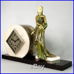 1930 FRENCH ART DECO MANTEL CLOCK SET CHRYSELEPHANTINE SCULPTURE. Unsigned