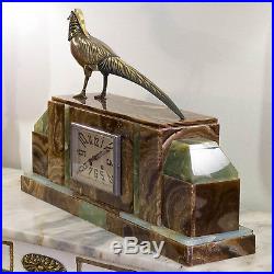 1930 French Art Deco Mantel Clock With Bronze Statue Sculpture Signed M. Secondo