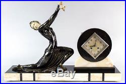 1930 French Art Deco Mantel Clock Set Chryselephantine Sculpture By Menneville