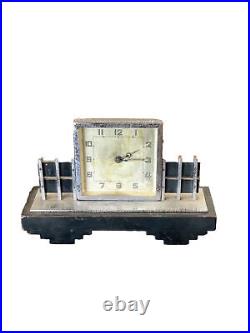 1930's Art Deco Chrome Wood Mantel Clock Carved Wood Base With Velvet As Is