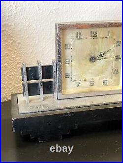 1930's Art Deco Chrome Wood Mantel Clock Carved Wood Base With Velvet As Is
