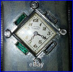 1930's Art Deco Golden Wheel Lighter with Clock PLATICHROME Diamonds+Emeralds
