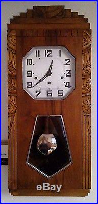 1930's Art Deco Wall Clock Carved Wood Case Veritable West Minster