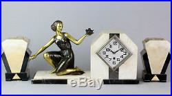 1930's FRENCH ART DECO MANTEL CLOCK SET MARTI