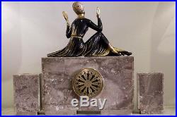 1930's FRENCH ART DECO MANTEL CLOCK WITH STATUE SCULPTURE BY MOLINS BALLESTE