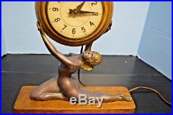 1930's FRENCH STYLE ART DECO FEMALE NUDE MANTLE SESSIONS CLOCK WORKING WOOD BASE