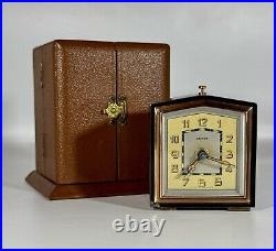 1930's French Art Deco Enamelled Travel Clock & Case by Duverdrey & Bloquel