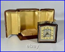 1930's French Art Deco Enamelled Travel Clock & Case by Duverdrey & Bloquel