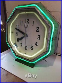 1930's Original 8 Sided Neon Clock Art Deco 2 Colors Green And White