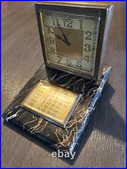 1930s E. Gubelin Lucerne Art Deco Desk Clock Calendar. Brass and Marble