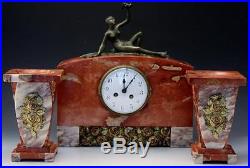 1930s French Art Deco Rouge Marble & Bronze Clock & Garnitures with Nude Woman