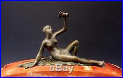 1930s French Art Deco Rouge Marble & Bronze Clock & Garnitures with Nude Woman