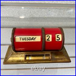 1930s GERMAN Art Deco Brass? Barrel Cylinder Red Desk Perpetual Calendar