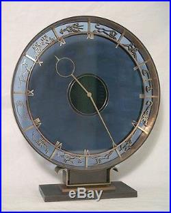 1930s KIENZLE BRONZE ART DECO ZODIAC ASTROLOGICAL CLOCK With BLUE TRANSLUCENT DIAL
