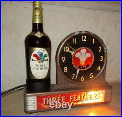 1940's Art Deco Three Feathers Lighted Whiskey Display, Clock, And Bottle