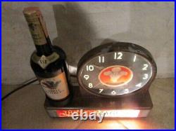 1940's Art Deco Three Feathers Lighted Whiskey Display, Clock, And Bottle