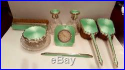 8 pc Sterling Silver Guilloche Set with Running Clock, Perfume Bottles, Powder Jar