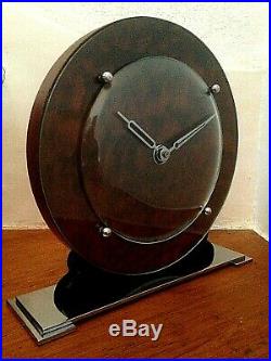 A SUPERB 1930's ART DECO CHROME & VENEER MANTLE CLOCK MINIMALIST MODERNIST