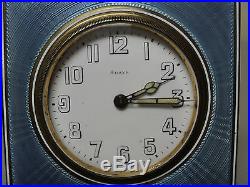Antique Art Deco 8-day Travel Clock, Sterling & Blue Guilloche Enamel Case