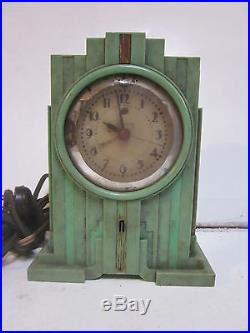 Antique Art Deco Green Bakelite Telechrom Alarm Electric Mantel Clock