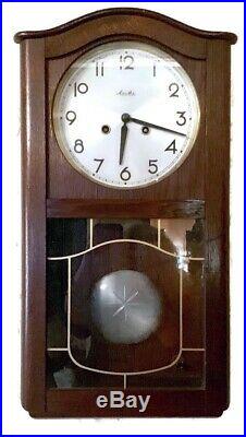 ANTIQUE ART DECO MAUTHE WALL CLOCK-8-Day-KEY WIND-TIME STRIKE