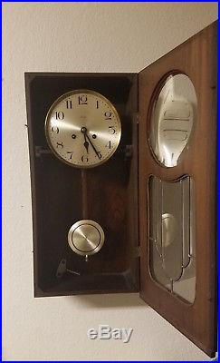 ANTIQUE KIENZLE GERMAN ART DECO WALL CLOCK with BEVELED GLASS! 8 day time & chime