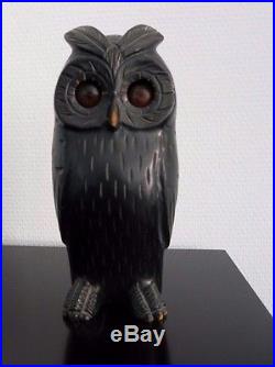 ANTIQUE ROLLNG EYE CLOCK OSWALD 1920`s ART DECO GERMAN CARVED WOOD BLACK OWL