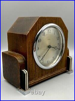 ART DECO 8 DAY MANTLE CLOCK OAK CASE, BAKELITE CHROME FEET 1930s WORKING