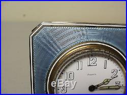 ART DECO 8-Day Travel Clock, Sterling Silver & Blue Guilloche ENAMEL Case