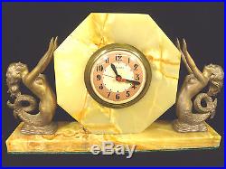 Art Deco Sessions Onyx Mermaid Mantel Clock Set With Garnitures Circa 1936