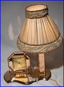 Awesome French Art Deco Peach Mirror Boudoir Bedroom Lamp And Clock Set, Ex Cond