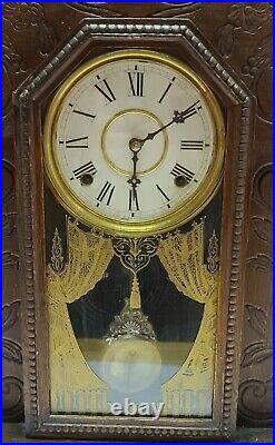 Antique 1880s GILBERT Oak Gingerbread Parlor Mantel Shelf Clock withCarved Flowers