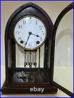 Antique 1916 NEW HAVEN'Theone' Gothic Mahogany Wood Crystal Regulator Clock