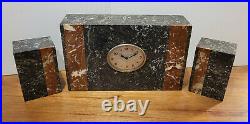 Antique 1920's Art Deco Black & Red Marble Mantel Clock with Two Side Garnitures
