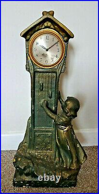 Antique 1920's Art Deco Chalkware Cast Grandfather Mantel Clock with Little Girl