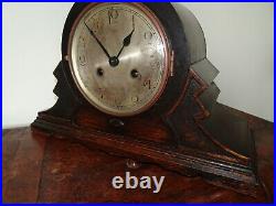 Antique 1920's Art Deco Zig-Zagged Shaped Oak Mantel Clock -Chime Key Pendulum