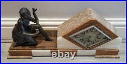 Antique 1920's French Art Deco Marble Mantel Clock with Geo Maxim Bronze Woman