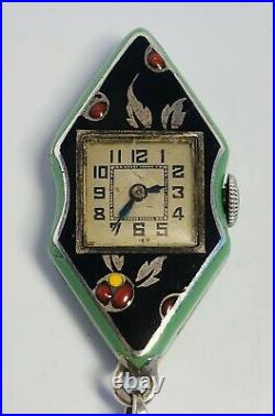 Antique 1920s French Art Deco Enamel Silver Clock Pendant Necklace 32